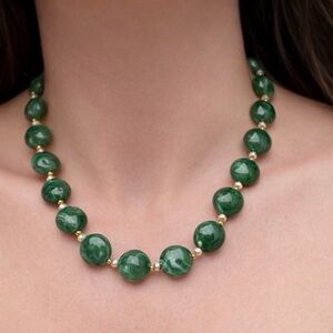 Forest Green Beaded Necklace with Gold Accents